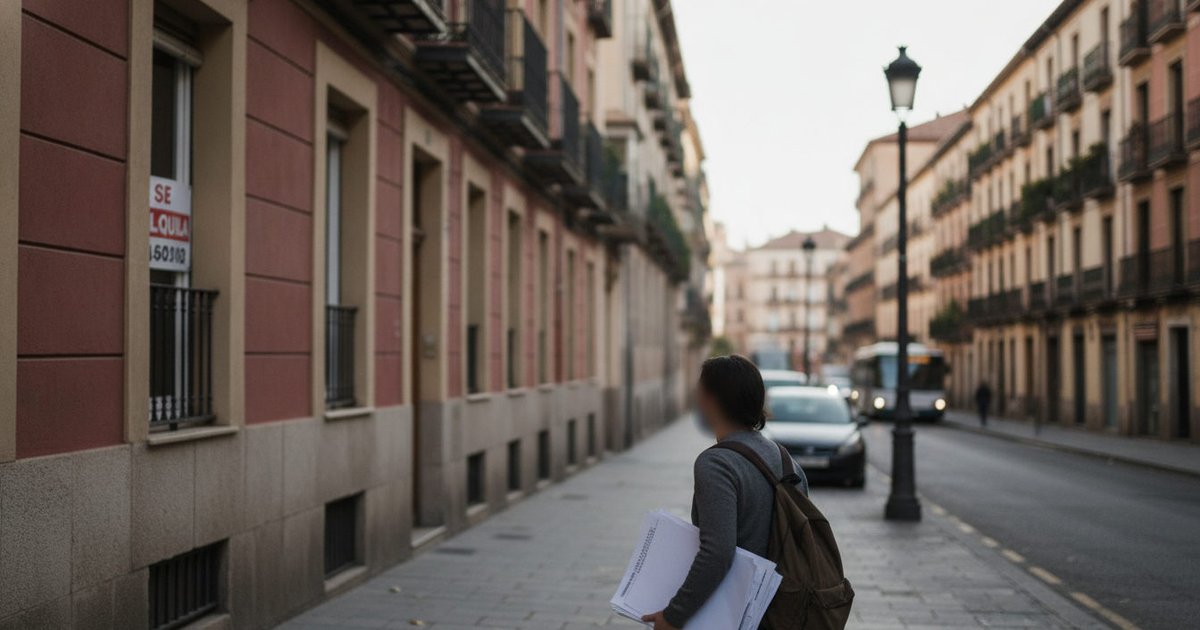Una persona con documentos en la mano camina frente a un edificio con un cartel de alquiler en una calle de España.