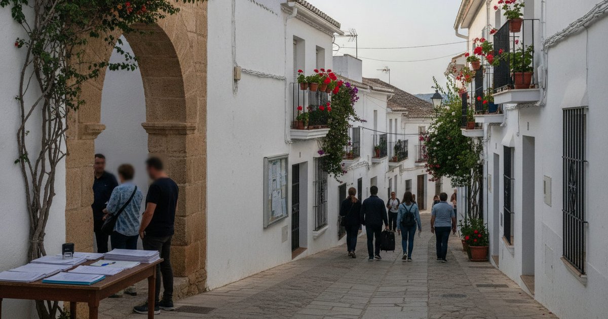 Vista de una calle estrecha y encalada de un pueblo blanco andaluz, con macetas en los balcones y un grupo de personas de espaldas paseando.