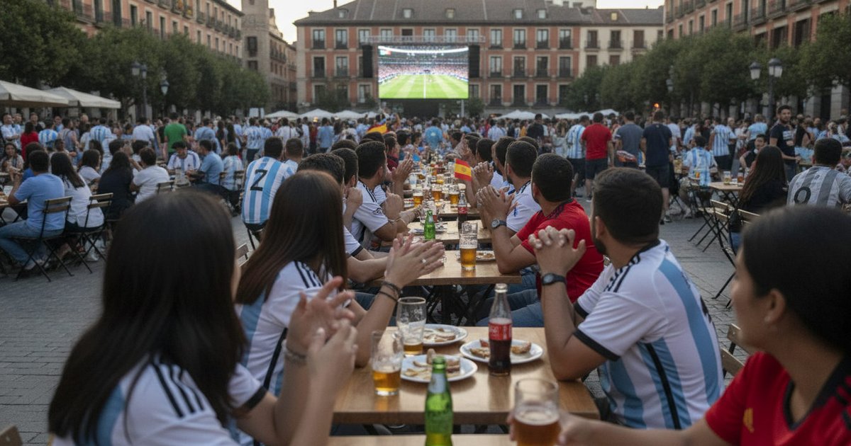 Aficionados latinos en España celebrando en un bar durante un partido del Mundial, con banderas de Argentina y España de fondo.