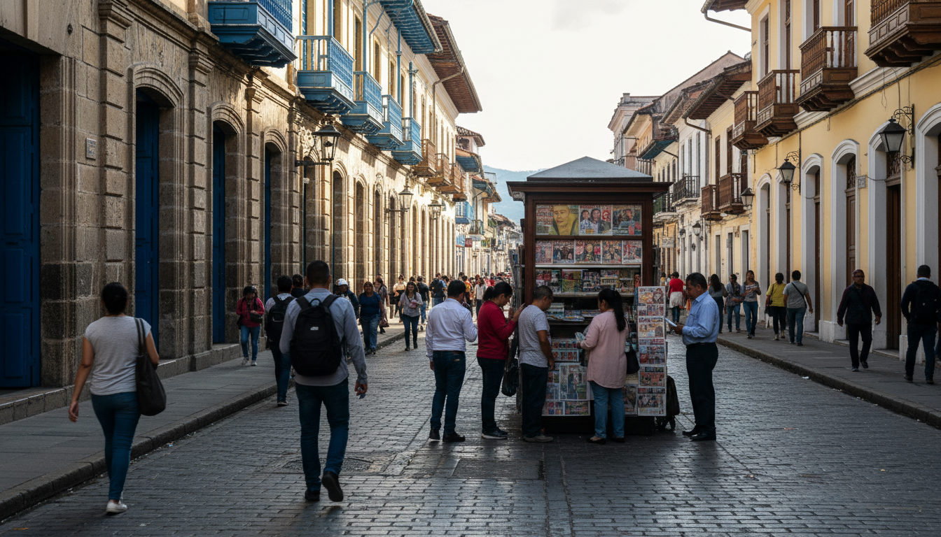 Calle concurrida en Bogotá, Colombia, donde transeúntes observan un quiosco de periódicos que exhibe titulares sobre la actualidad política y las próximas elecciones.