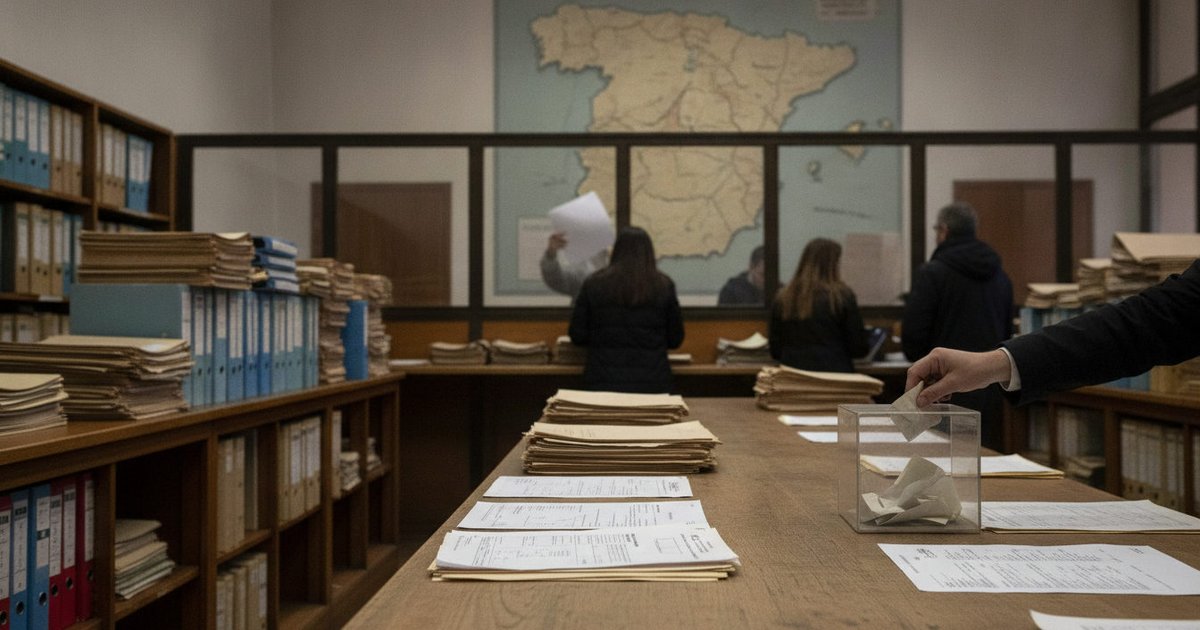 Mapa estilizado de España con líneas de flujo migratorio y una silueta abstracta de una mano depositando un voto en una urna, simbolizando elecciones y migración.