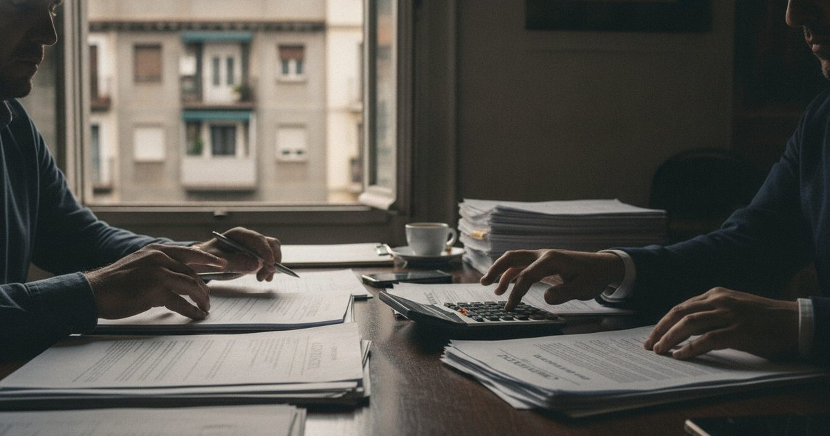 Manos de personas revisando contratos de alquiler y papeles financieros en una mesa, con una calculadora y un plano de ciudad en segundo plano.