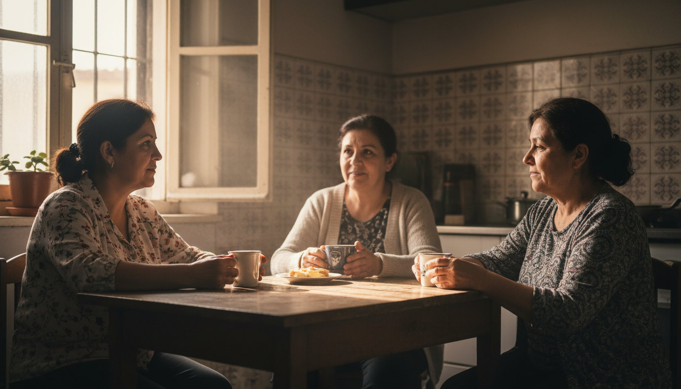 Tres mujeres latinoamericanas conversan en una cocina de un barrio español