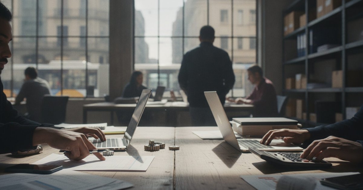 Varias manos de diferentes tonos de piel colaborando sobre documentos y un teclado en una mesa de oficina, simbolizando el trabajo conjunto y la diversidad en el entorno laboral de España.