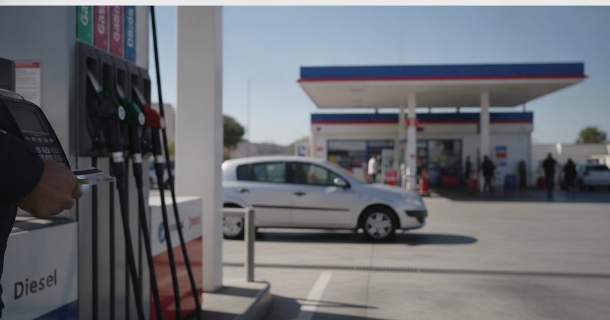 Surtidor de diésel en una gasolinera con un coche plateado al fondo y una mano que sostiene una tarjeta de pago