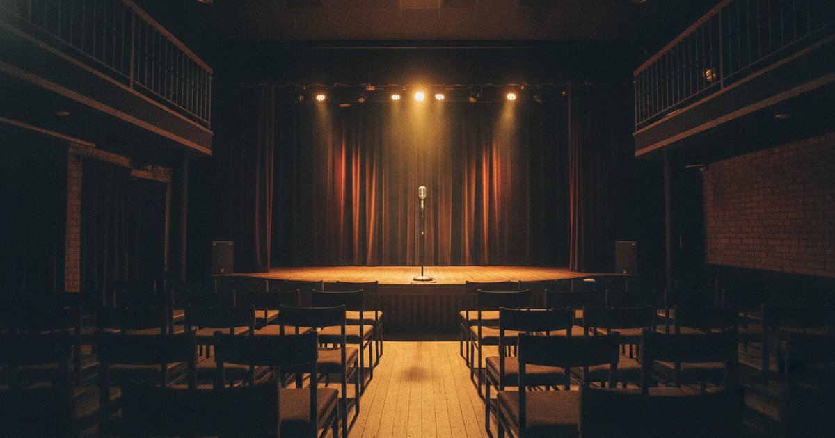Micrófono sobre el escenario de un club de comedia con asientos vacíos, antes de una actuación de monólogos.