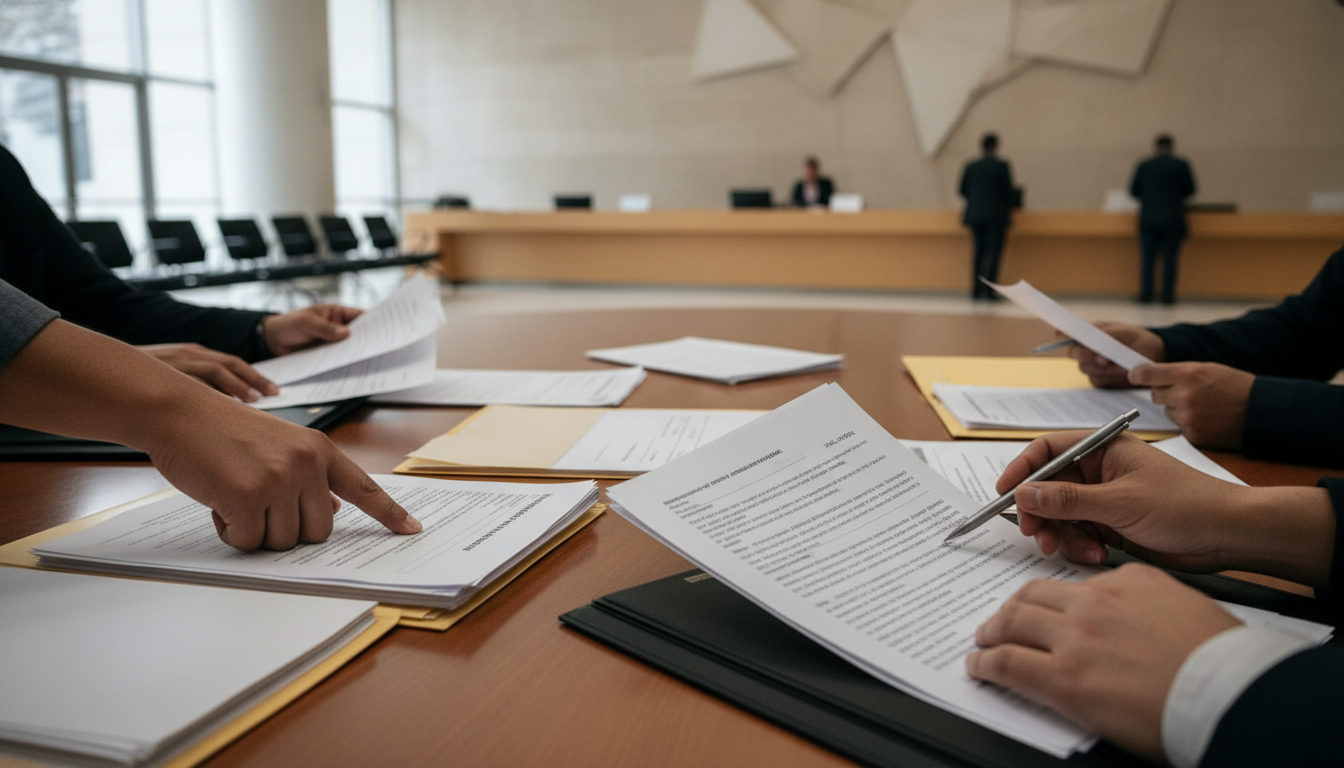 Manos de personas latinas sobre una mesa llena de documentos y formularios de extranjería, representando la preparación para el proceso de regularización.