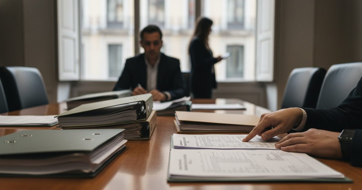 Manos de un abogado mostrando un documento legal a un migrante en una oficina, con expedientes sobre la mesa.