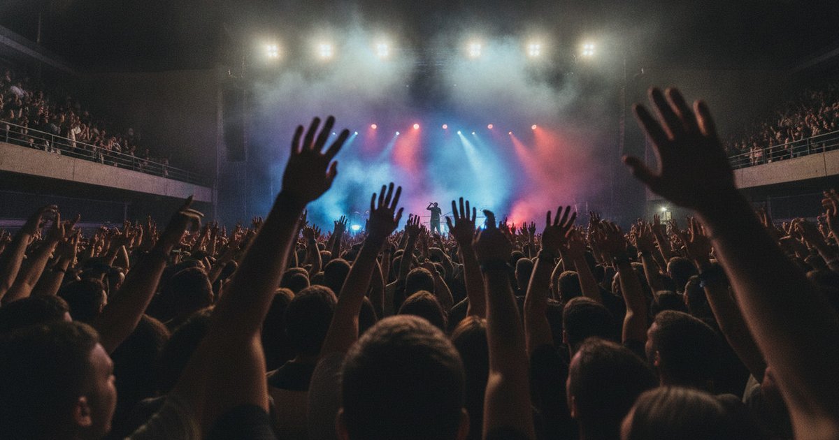 Manos alzadas y luces de colores en un concierto de música urbana con gran asistencia de público.