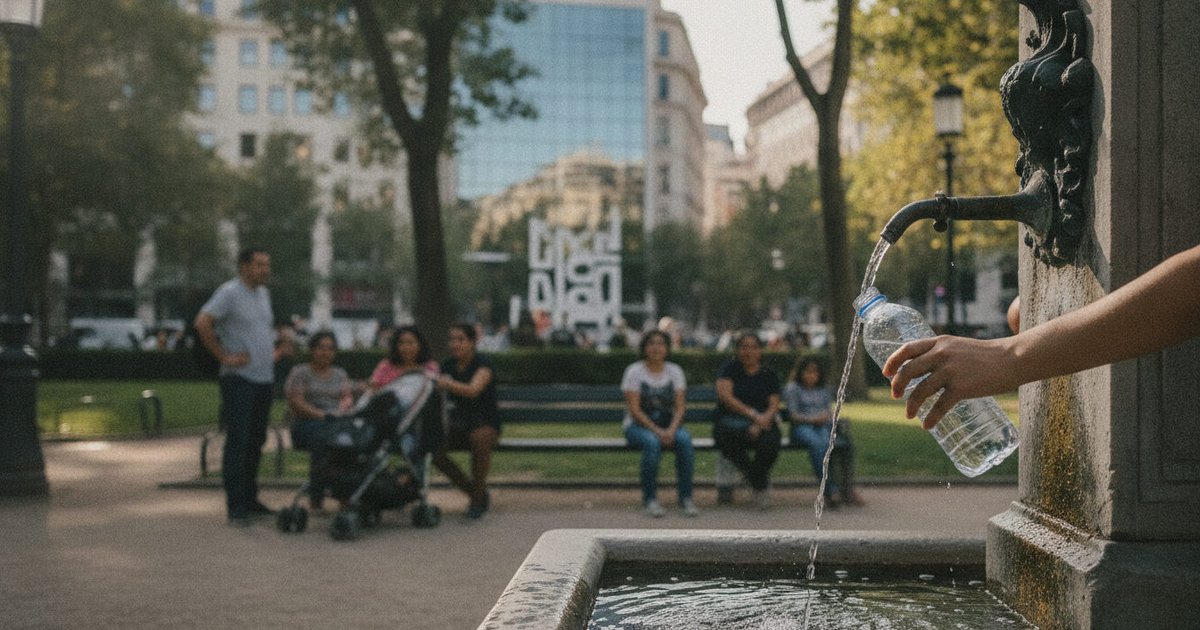 Manos de un niño llenando una botella en una fuente pública en un parque urbano, con familias latinas y edificios modernos de fondo.