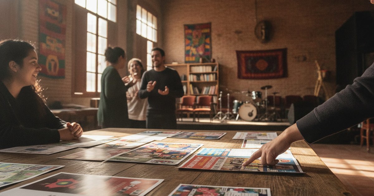 Manos y folletos de eventos culturales latinos sobre una mesa en un centro comunitario, con personas de fondo interactuando.